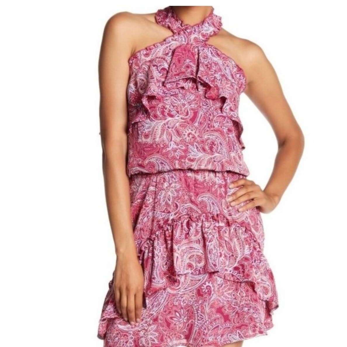 Parker Strawberry Oswego Floral Paisley Halter Ruffle Flounce Mini Dress Size S
